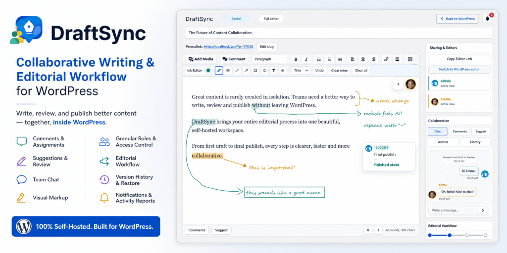 DraftSync – Self-Hosted Collaborative Writing & Editorial Workflow for WordPress