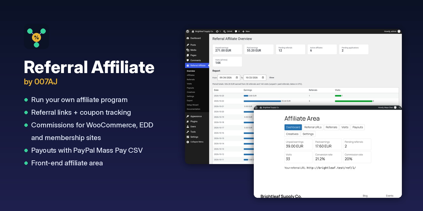 007AJ Referral Affiliate – Your Own WordPress Affiliate Program. No Monthly Fees or Outside Services