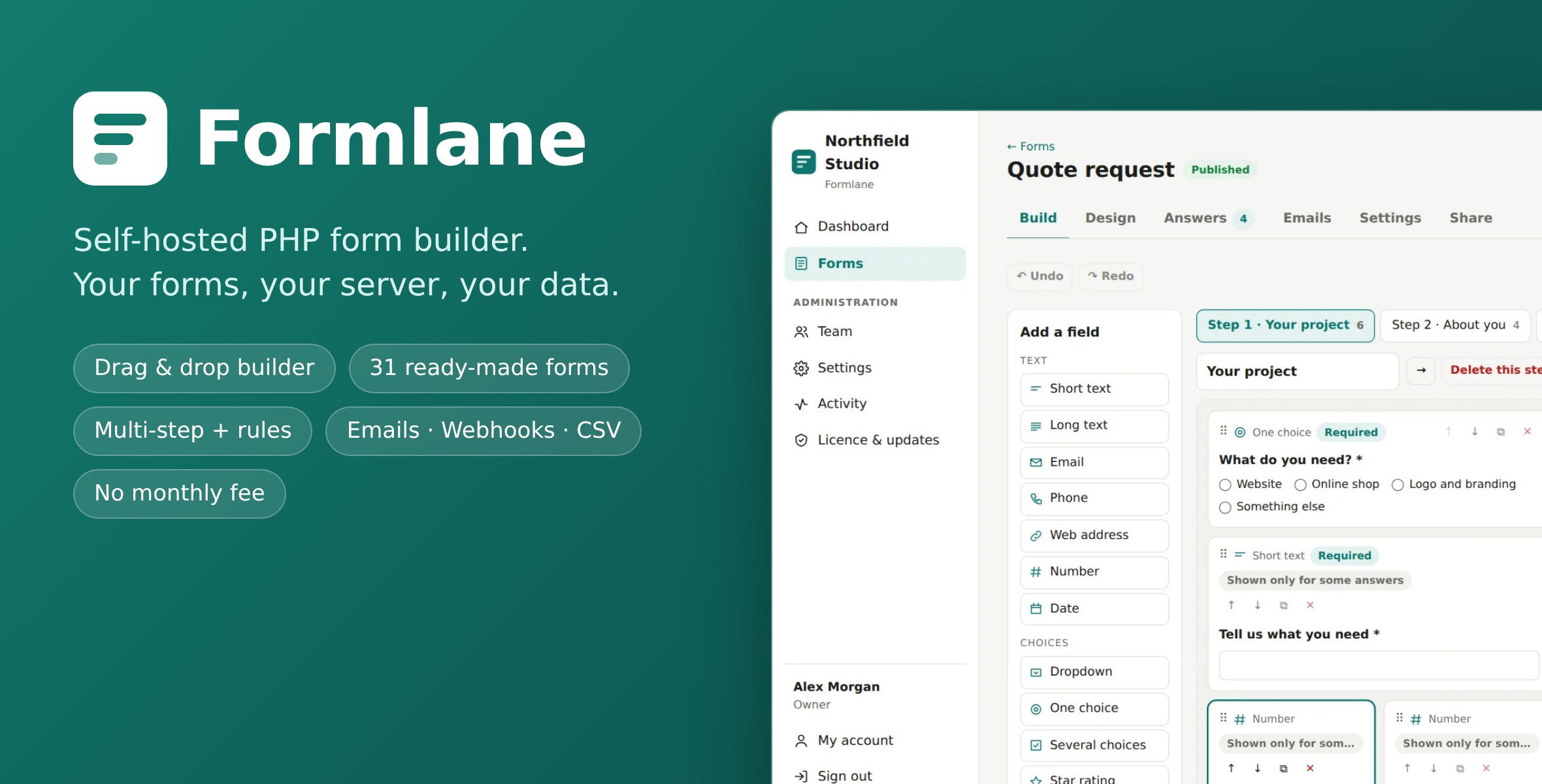 Formlane – Self-hosted PHP Form Builder with Drag & Drop, Webhooks and 31 Templates