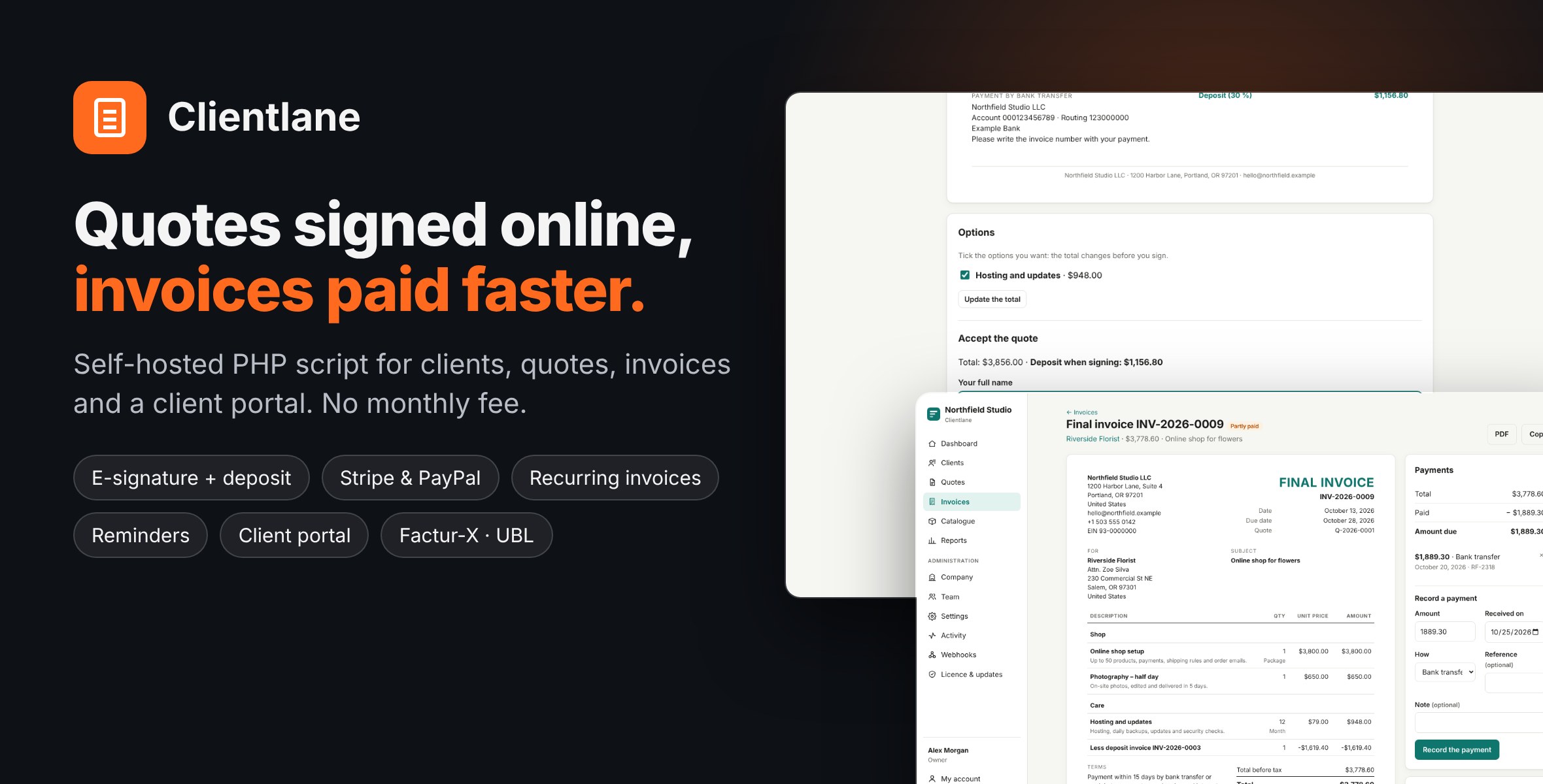 Clientlane – Self-hosted Quotes, Invoices and Client Portal with E-signature, Stripe and PayPal